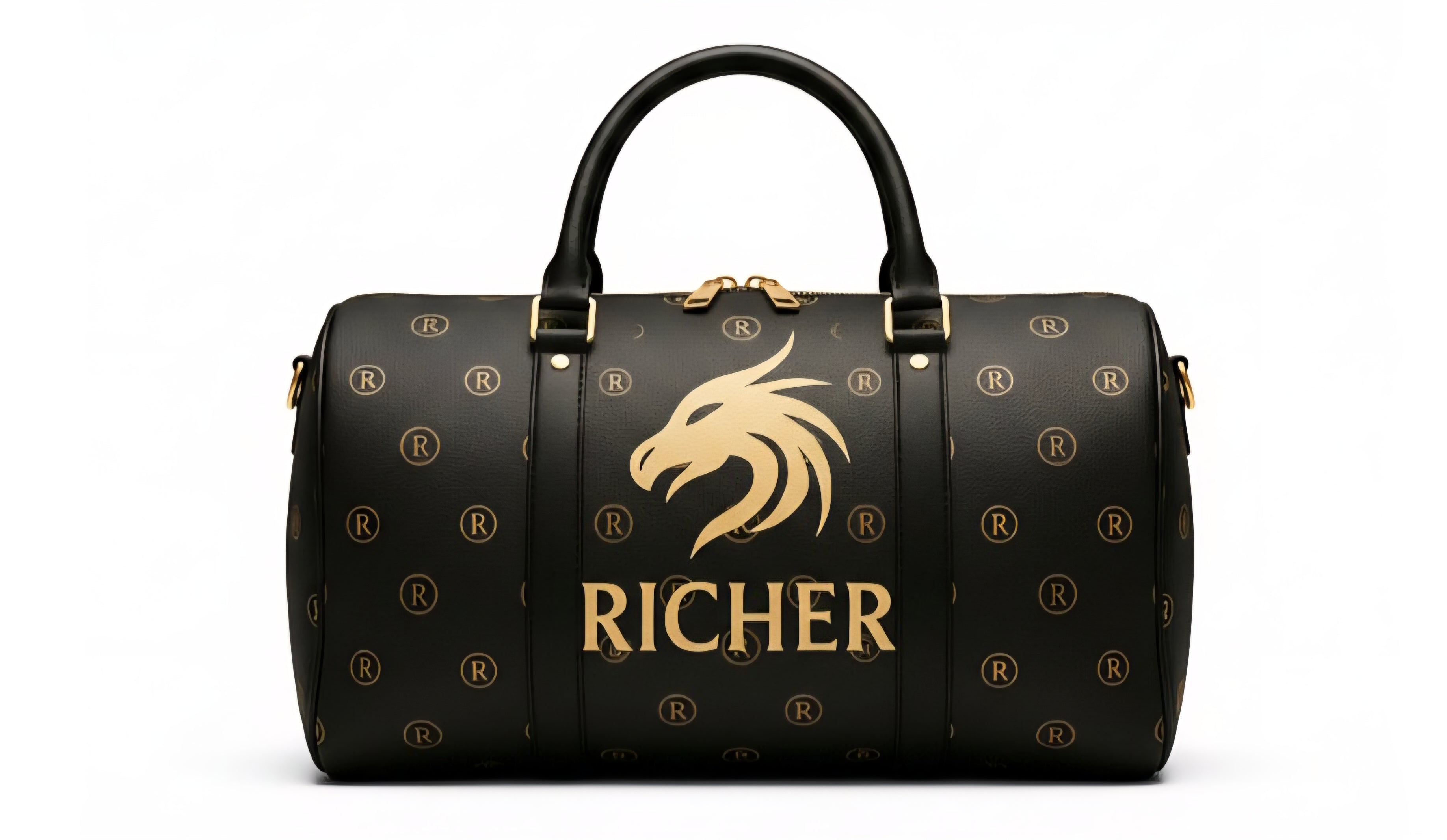 Black handbag with gold accents and 'Richer' branding on a white background