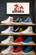 Shelves displaying various high-top sneakers with 'Richer' branding against a dark wall.