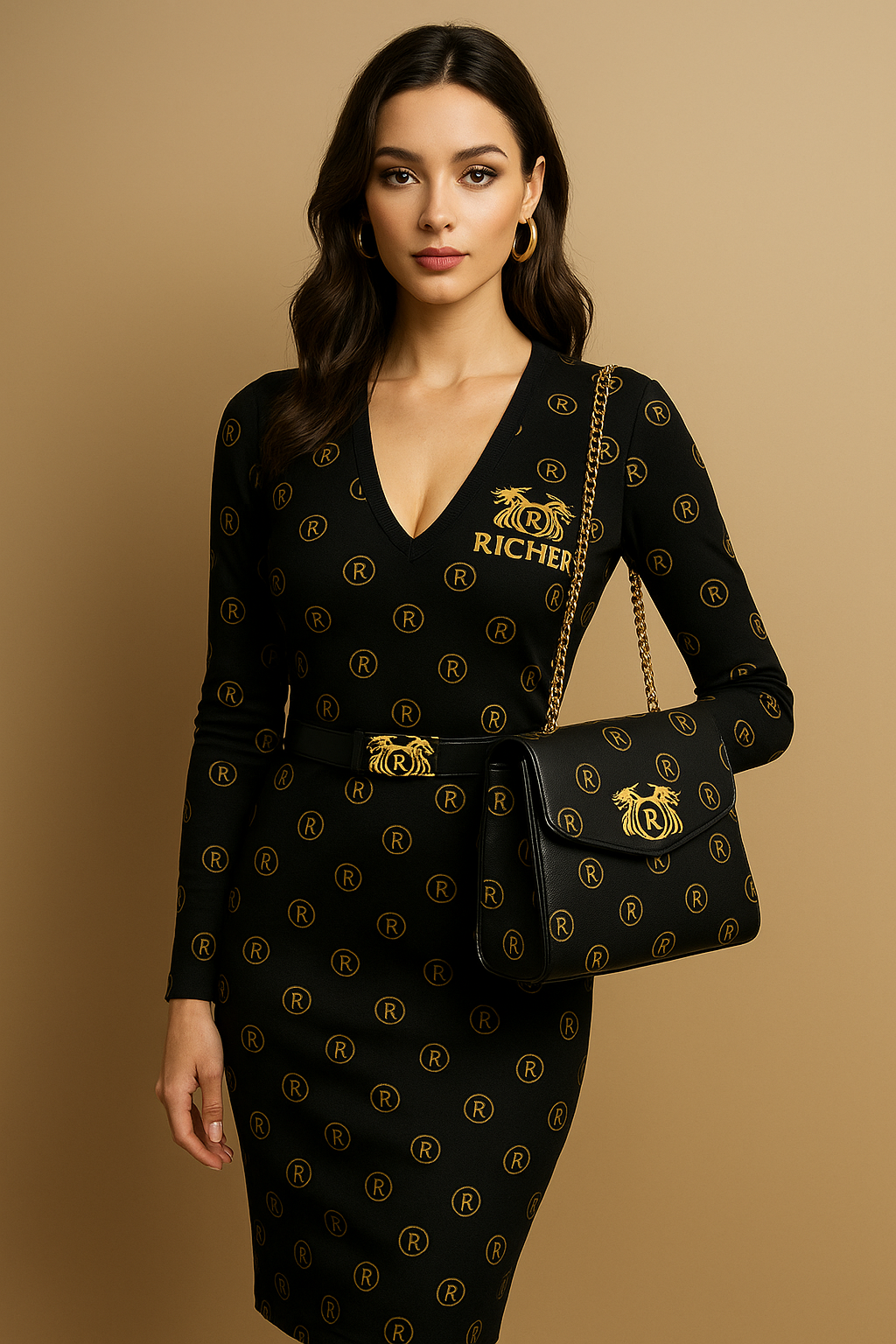 Woman wearing a black dress with gold patterns and holding a matching handbag against a beige background